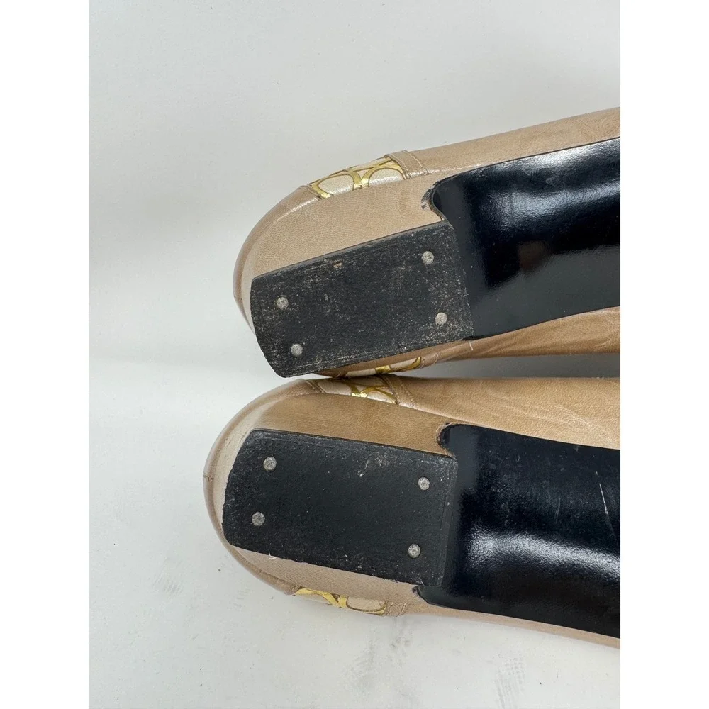 Margaret Jerrold Vintage Taupe Leather Gold Studded Low Wedge Pumps Heels 7.5 M